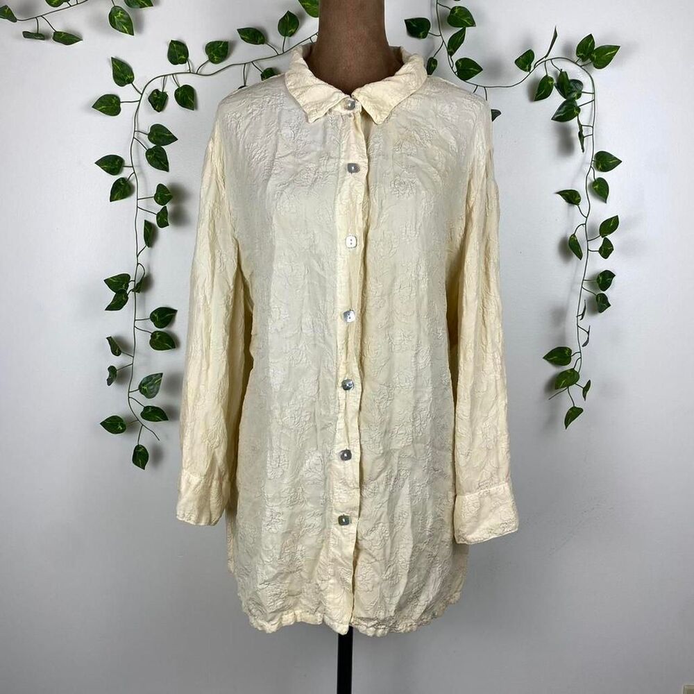 Vintage Russ Berens 100% silk damask Cream button up blouse floral pattern boho